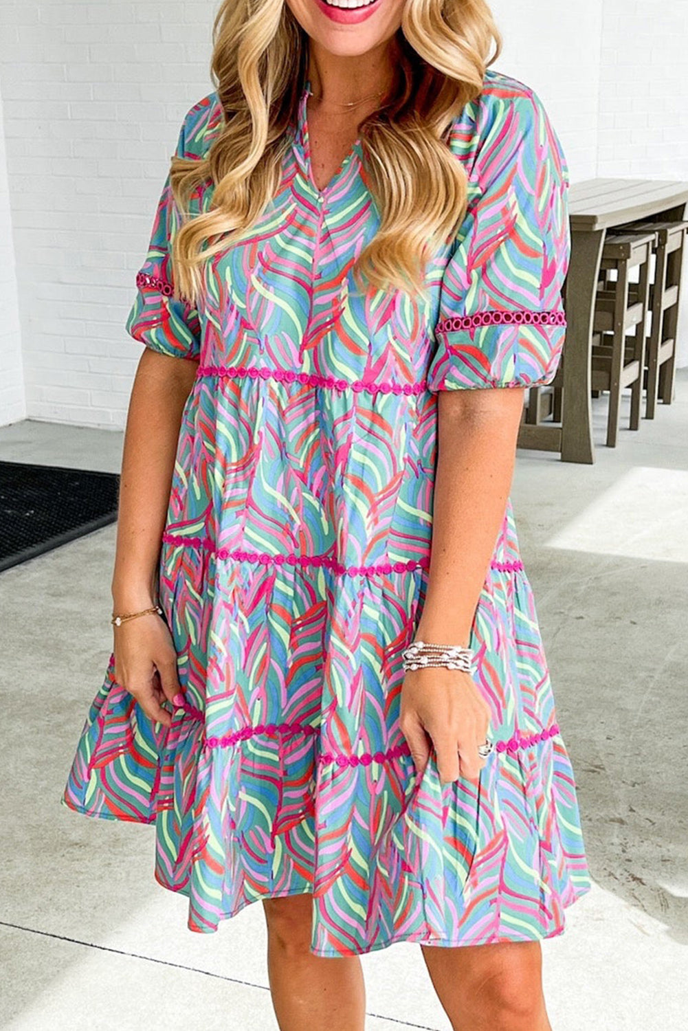 Light Blue Abstract Printed Lace Detail Split Neck A-line Dress Dresses JT's Designer Fashion