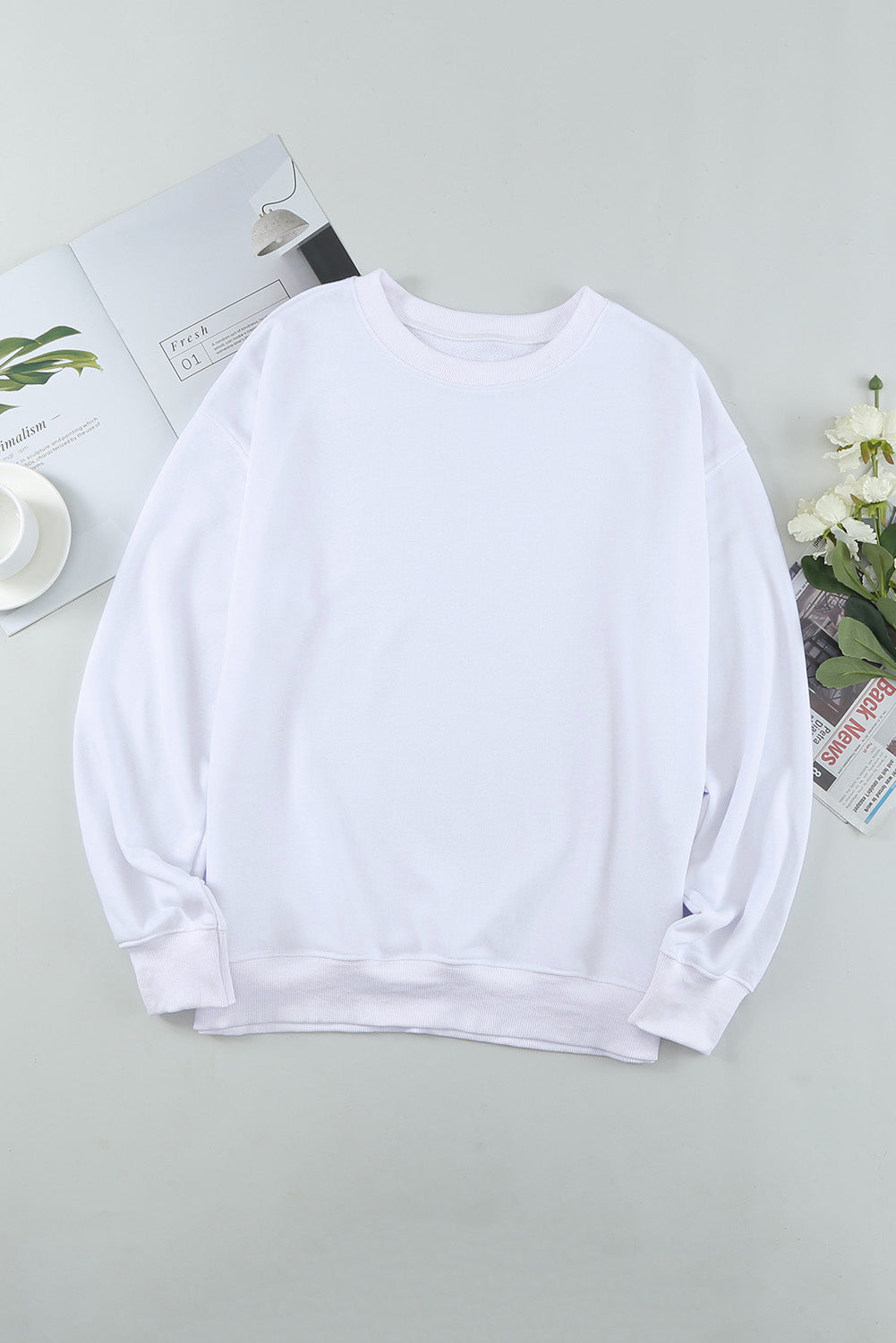 White Plain Crew Neck Pullover Sweatshirt Sweatshirts & Hoodies JT's Designer Fashion