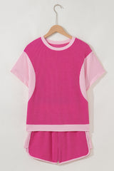 Rose Red 3D Spiral Ribbed Texture 2 Tones Patchwork Short Set Short Sets JT's Designer Fashion