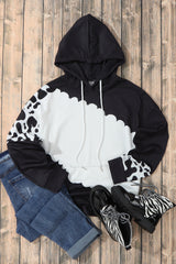Black Cow Tie Dye Print Pocketed Drawstring Pullover Hoodie Sweatshirts & Hoodies JT's Designer Fashion
