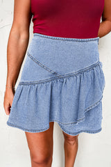 Beau Blue Asymmetric Ruffle Overlay Denim Mini Skirt Beau Blue 72%Cotton+26%Polyester+2%Elastane Skirts & Petticoat JT's Designer Fashion
