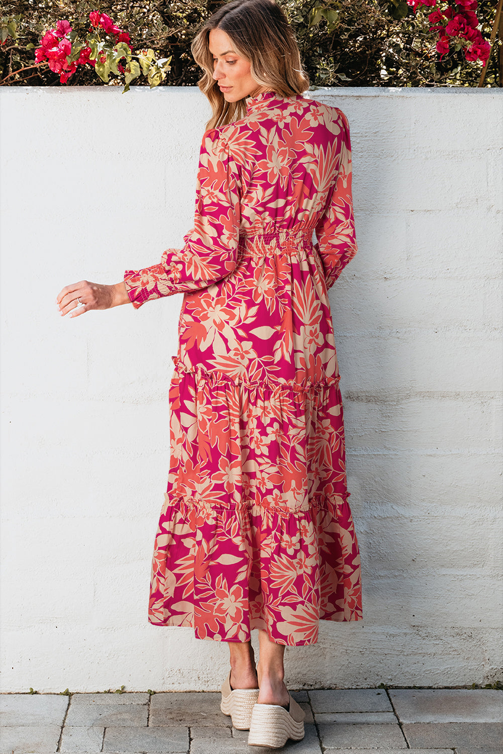 Rose Floral Print Buttoned Smocked High Waist Maxi Dress Floral Dresses JT's Designer Fashion