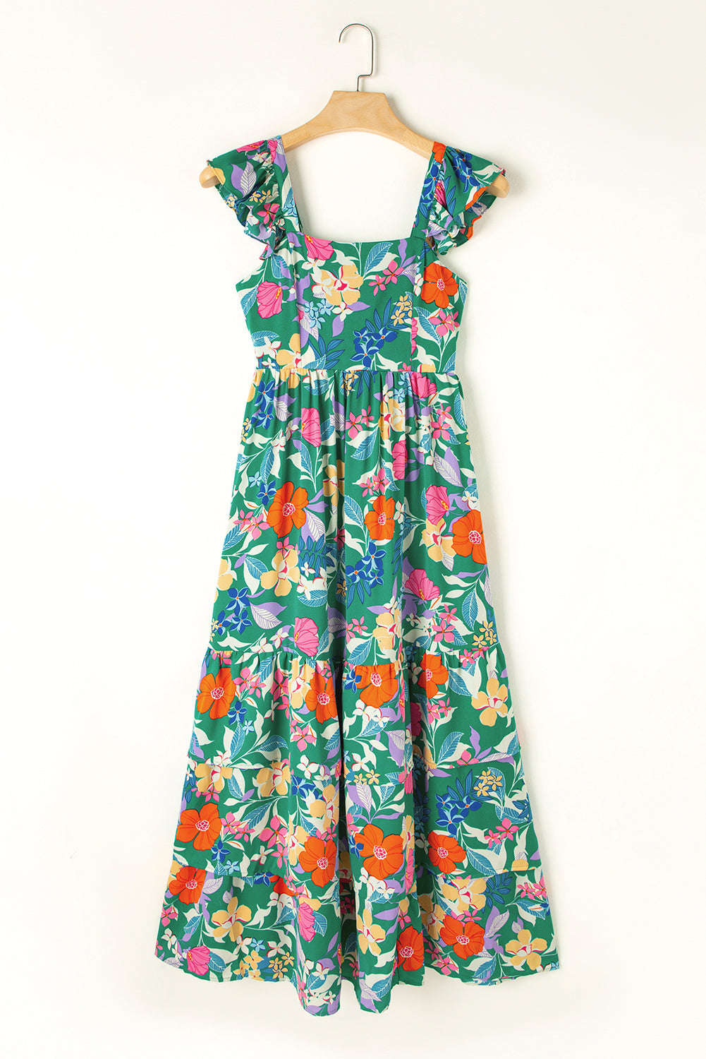 Green Floral Print Sleeveless Ruffle Tiered Maxi Dress Floral Dresses JT's Designer Fashion