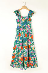 Green Floral Print Sleeveless Ruffle Tiered Maxi Dress Floral Dresses JT's Designer Fashion