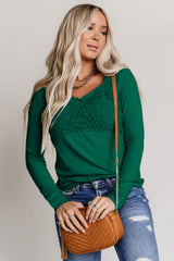 Green Lace Crochet V Neck Long Sleeve Top Long Sleeve Tops JT's Designer Fashion
