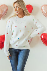 Beige Sequin Heart Shape Waffle Knit Round Neck Sweater Beige 50%Viscose+28%Polyester+22%Polyamide Sweaters JT's Designer Fashion