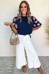 Sail Blue Shellfish Coral Embroidery Puff Sleeve Frilled Neck Blouse Blouses & Shirts JT's Designer Fashion