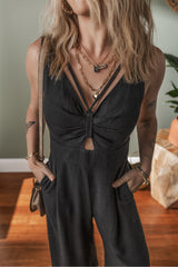 Black Front Cut Out Smocked Back Sleeveless Wide Leg Jumpsuit Bottoms JT's Designer Fashion