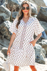 Pink Floral Print Bubble Sleeve Neck Tie Ruffled Dress Floral Dresses JT's Designer Fashion