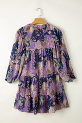 Purple Vintage Daisy Floral Puff Sleeve Ruffle Short Dress Floral Dresses JT's Designer Fashion