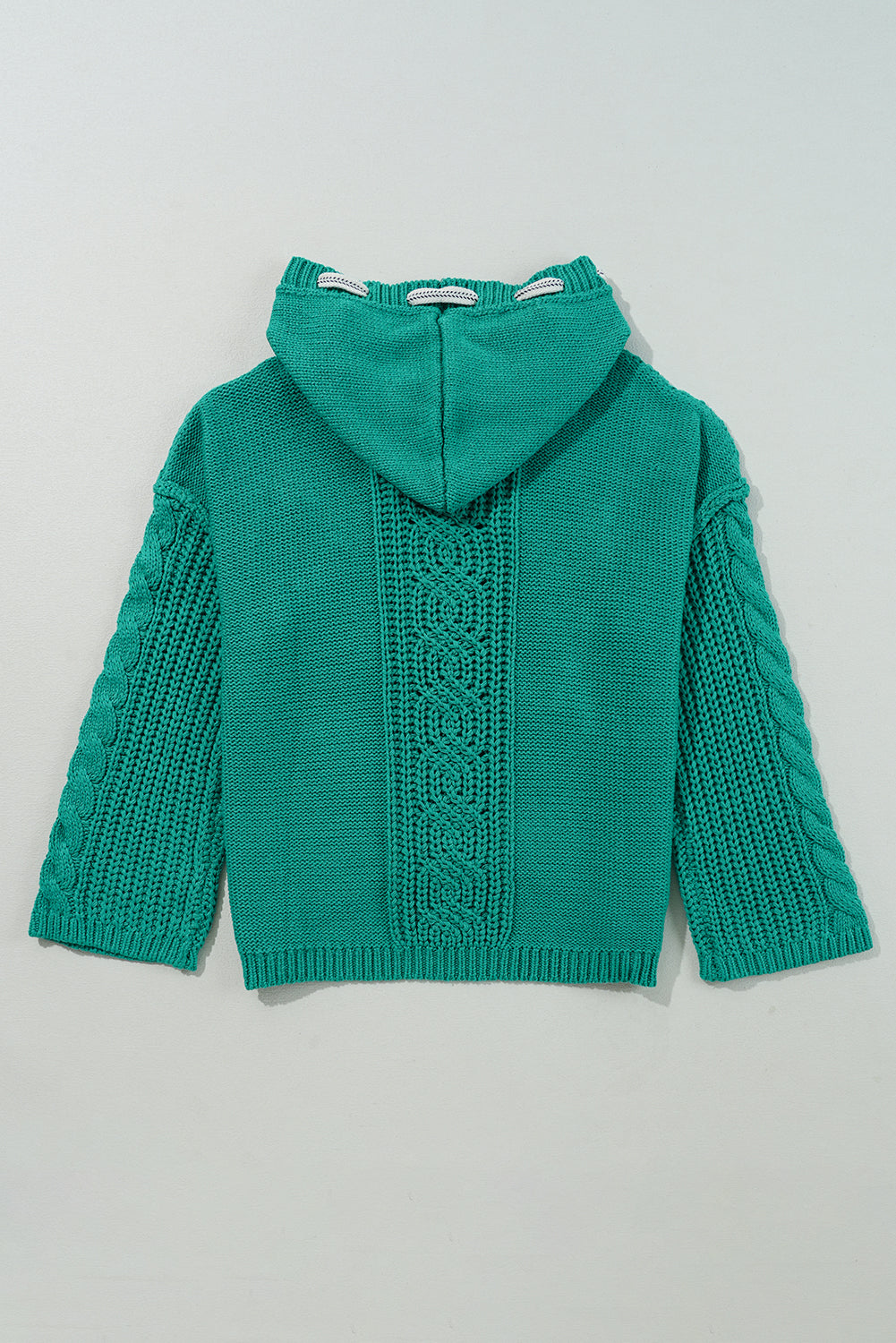 Sea Green Cable Knit V Neck Contrast Drawstring Hooded Sweater Sweaters JT's Designer Fashion