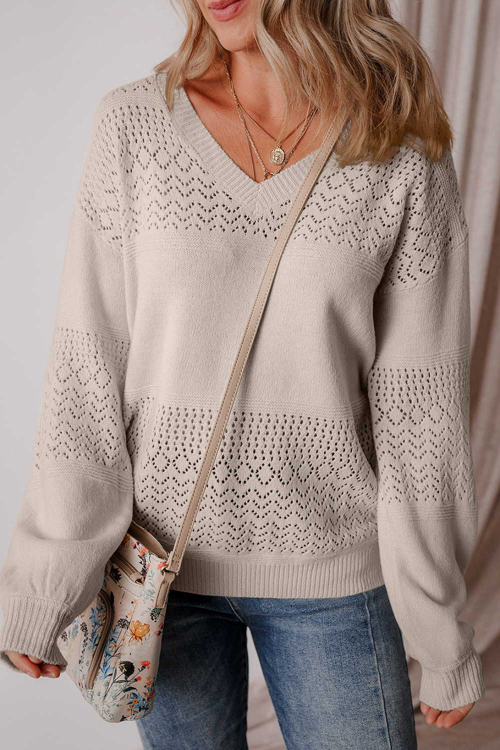 Brown Eyelet Pattern Detail V Neck Drop Shoulder Sweater Sweaters JT's Designer Fashion