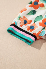 Orange Contrast Trim Floral Split Neck Puff Short Sleeve Tiered Mini Dress Floral Dresses JT's Designer Fashion