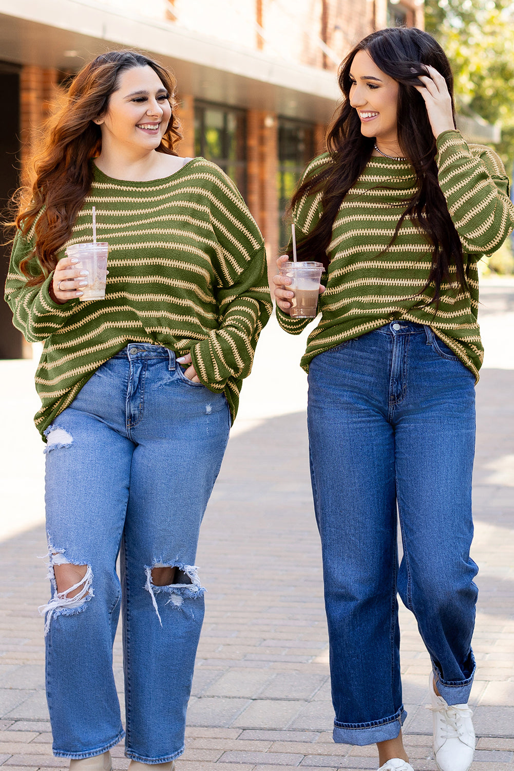 Green Stripe Drop Shoulder Casual Sweater Sweaters JT's Designer Fashion