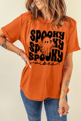 Orange SPOOKY Vibe Ghost Print Crewneck Halloween T Shirt Graphic Tees JT's Designer Fashion