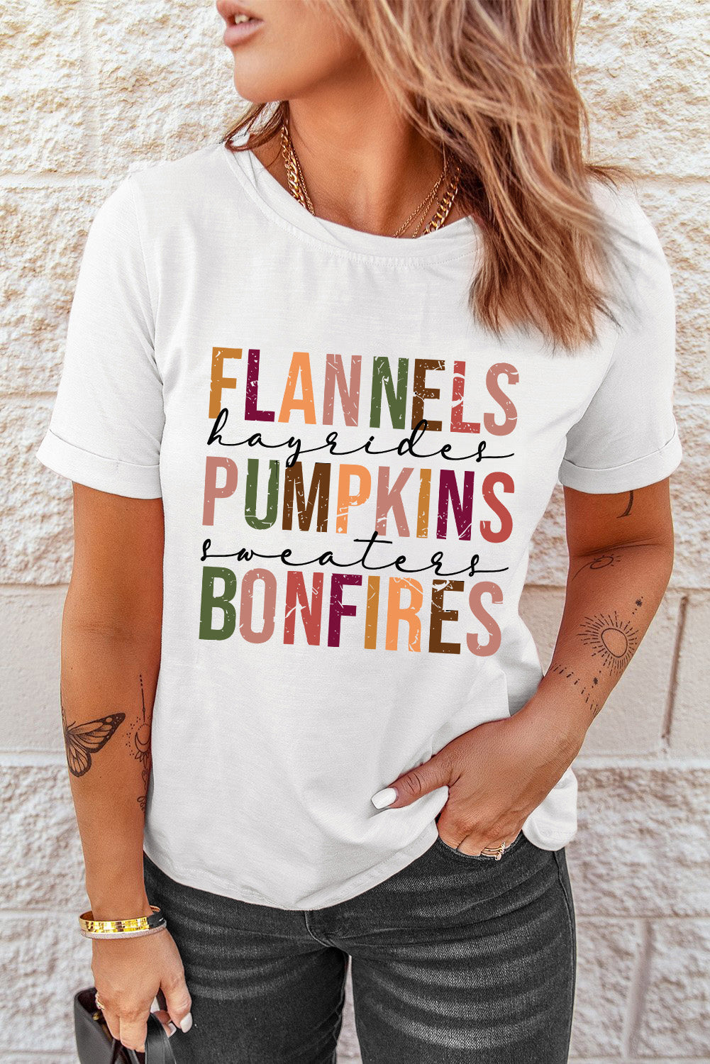 White FLANNELS PUMPKINS BONFIRES Crewneck Graphic Tee Graphic Tees JT's Designer Fashion
