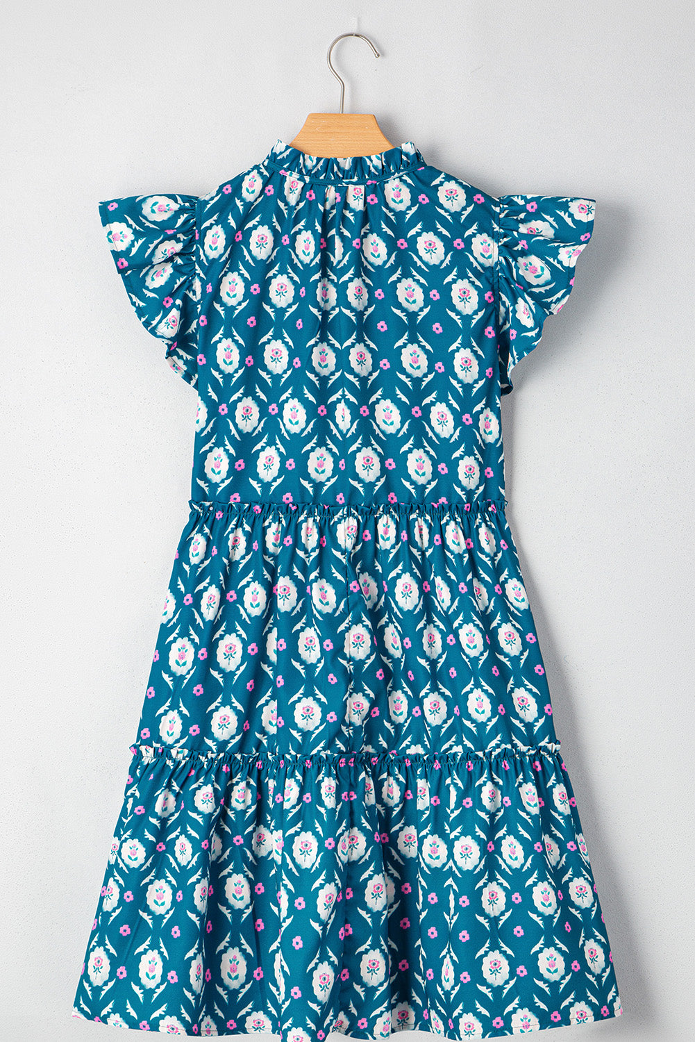 Blue Retro Floral Print Split Neck Ruffle Short Sleeve Dress Floral Dresses JT's Designer Fashion