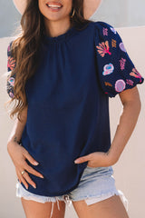 Sail Blue Shellfish Coral Embroidery Puff Sleeve Frilled Neck Blouse Blouses & Shirts JT's Designer Fashion