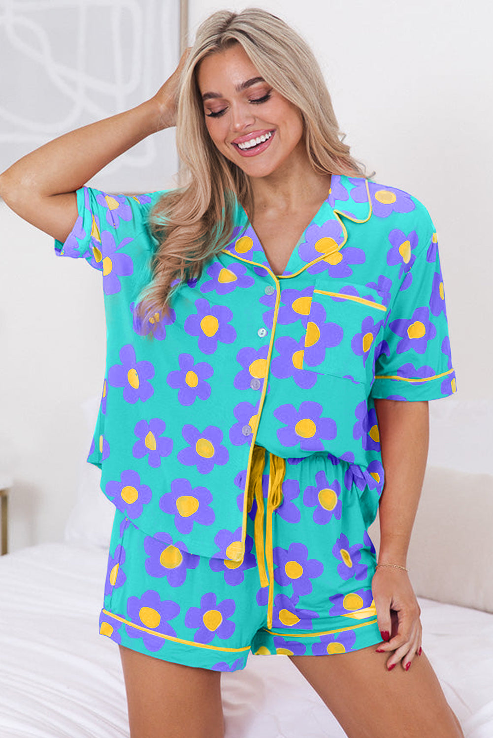 Green Flower Print Short Sleeve Shirt Pajamas Set Loungewear JT's Designer Fashion
