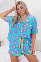 Green Flower Print Short Sleeve Shirt Pajamas Set Loungewear JT's Designer Fashion