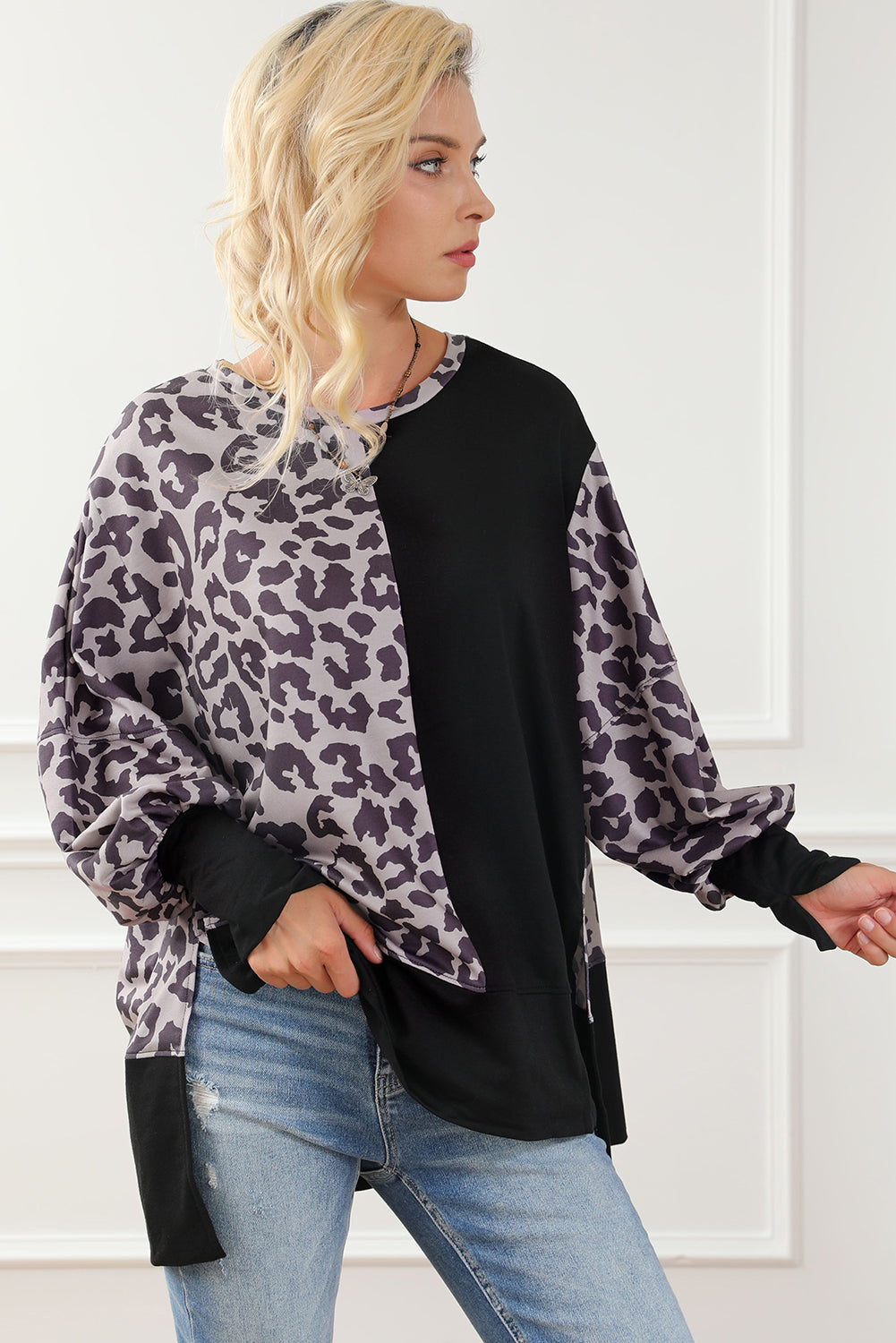 Black Leopard Patchwork Bishop Sleeve Slit Sweatshirt Sweatshirts & Hoodies JT's Designer Fashion