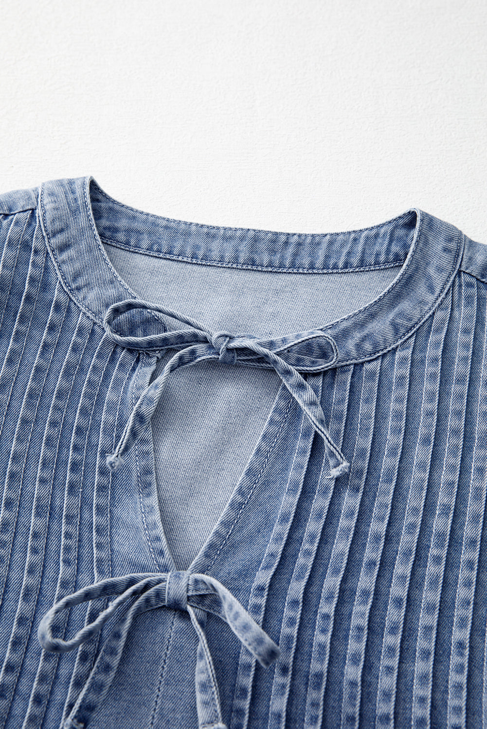 Myosotis Denim Front Pintuck Bow Tie Puff Sleeve Top Blouses & Shirts JT's Designer Fashion