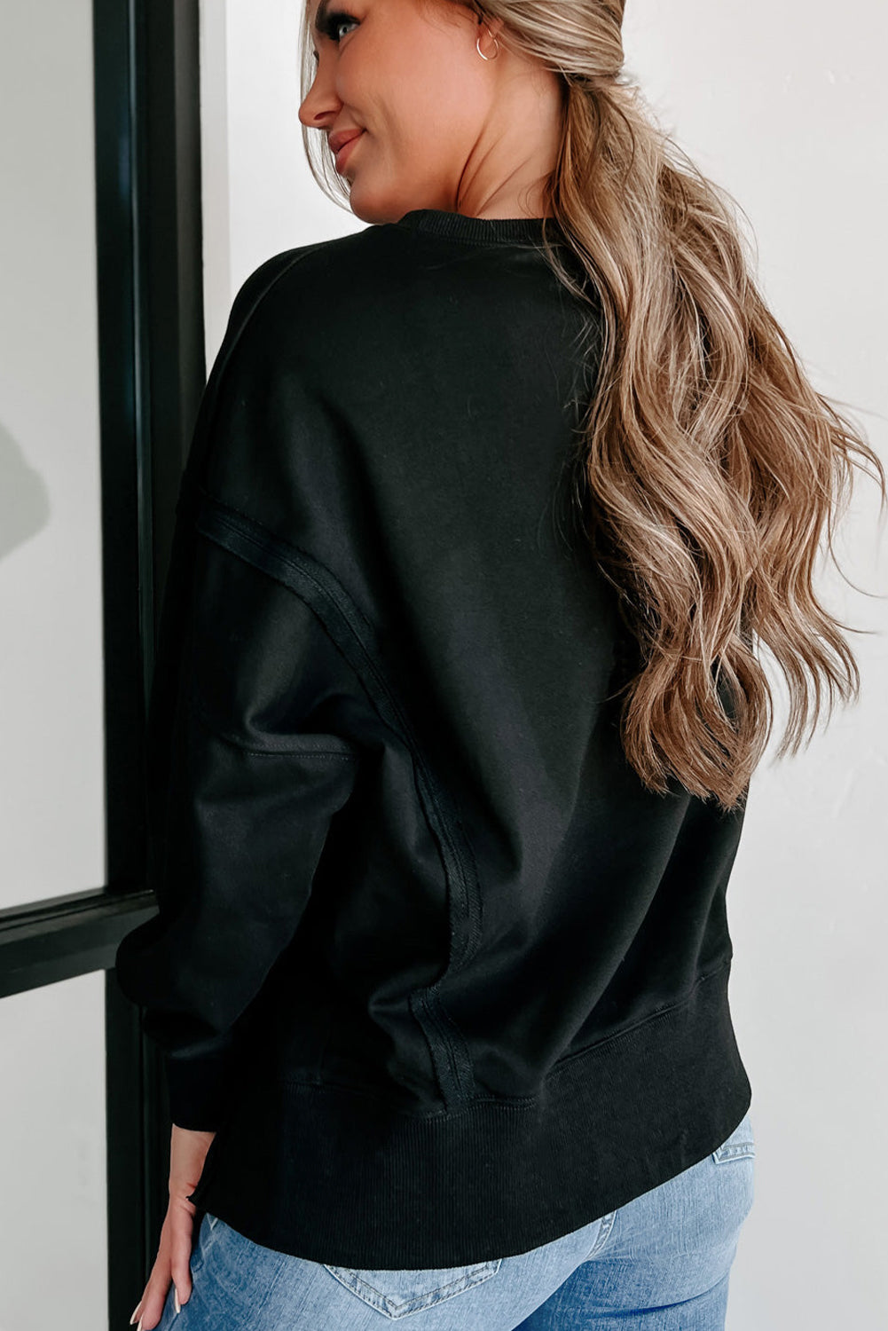 Black Exposed Seam Drop Shoulder Round Neck Sweatshirt with Slits Sweatshirts & Hoodies JT's Designer Fashion