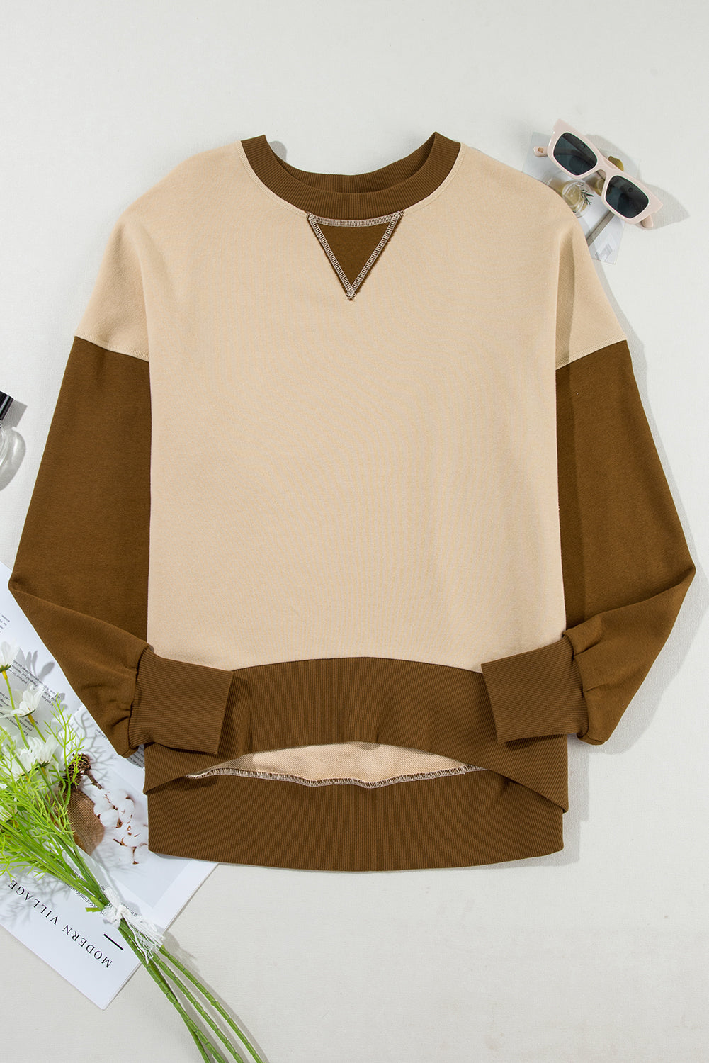 Apricot Color Block Thumbhole Sleeve Drop Shoulder Sweatshirt Sweatshirts & Hoodies JT's Designer Fashion