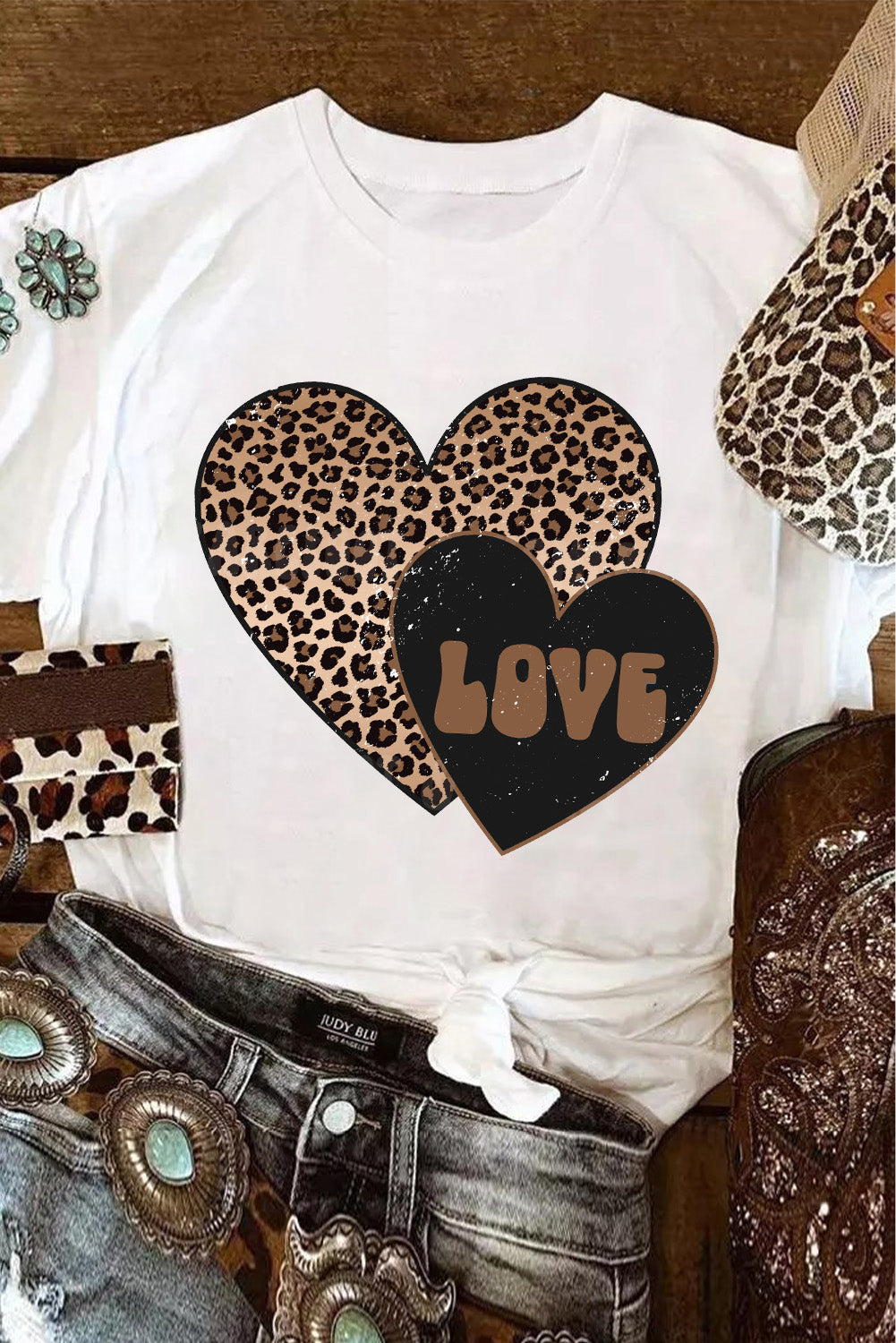 White Leopard LOVE Double Heart Printed Valentines Graphic Tee Graphic Tees JT's Designer Fashion