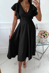 Black Ruffled Sleeve Wrap V Neck Midi Dress Midi Dresses JT's Designer Fashion