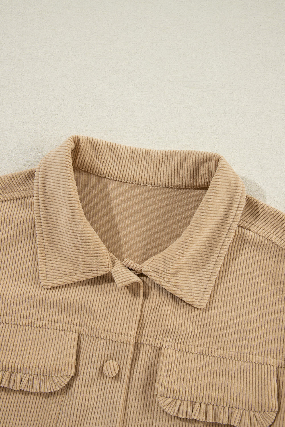 Light French Beige Solid Frilled Flap Pocket Button Up Corduroy Shacket Jackets JT's Designer Fashion