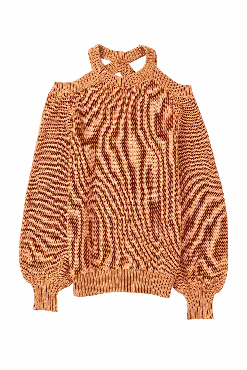 Brown Crew Neck Cold Shoulder Hollow-out Back Sweater Sweaters & Cardigans JT's Designer Fashion
