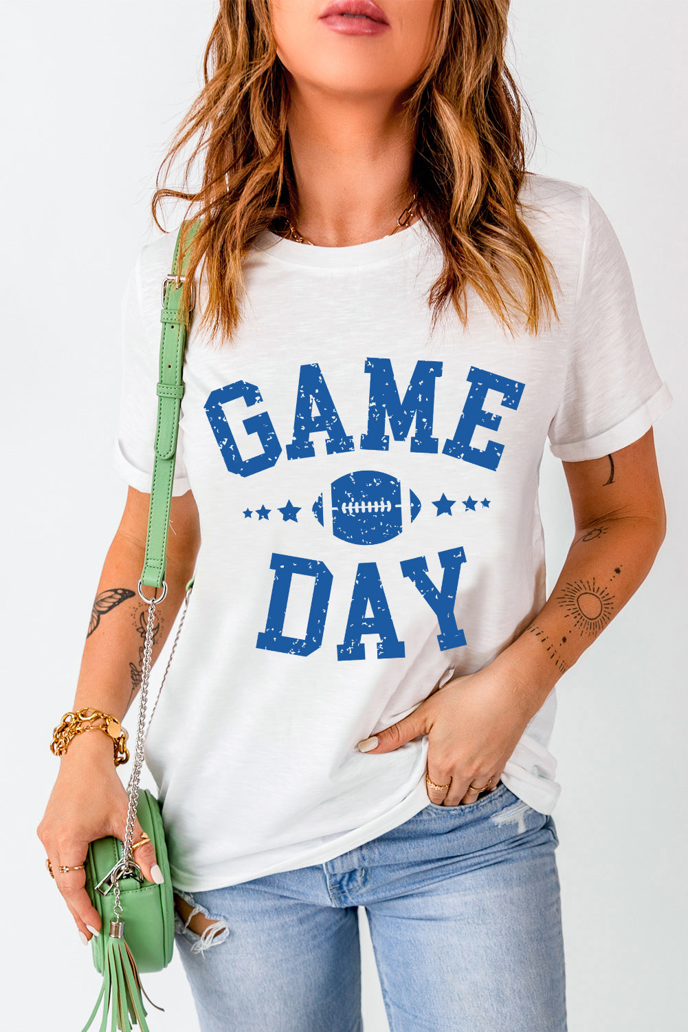 White GAME DAY Rugby Football Graphic Crewneck T Shirt Graphic Tees JT's Designer Fashion