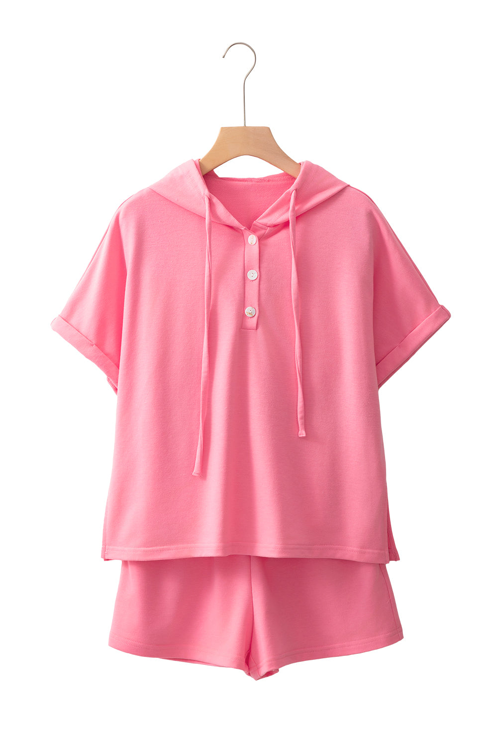 Peach Blossom Hooded Short Sleeve Henley Top and Shorts Set Short Sets JT's Designer Fashion
