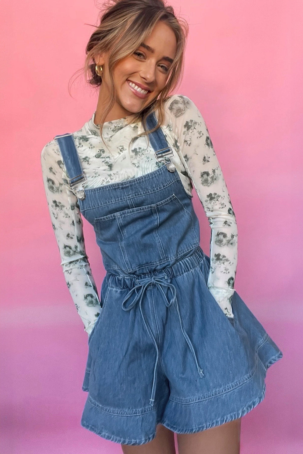 Sky Blue Buckle Straps Bib Style Drawstring Tied Backless Flared Denim Romper Jumpsuits & Rompers JT's Designer Fashion