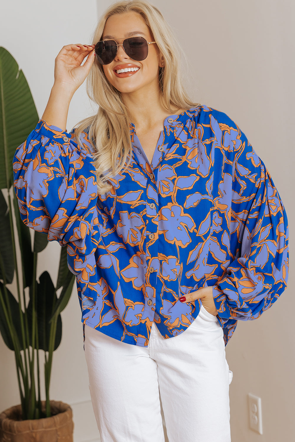 Blue Floral Print Batwing Sleeve Buttoned Loose Fit Shirt Blouses & Shirts JT's Designer Fashion