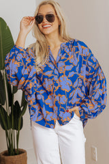 Blue Floral Print Batwing Sleeve Buttoned Loose Fit Shirt Blouses & Shirts JT's Designer Fashion