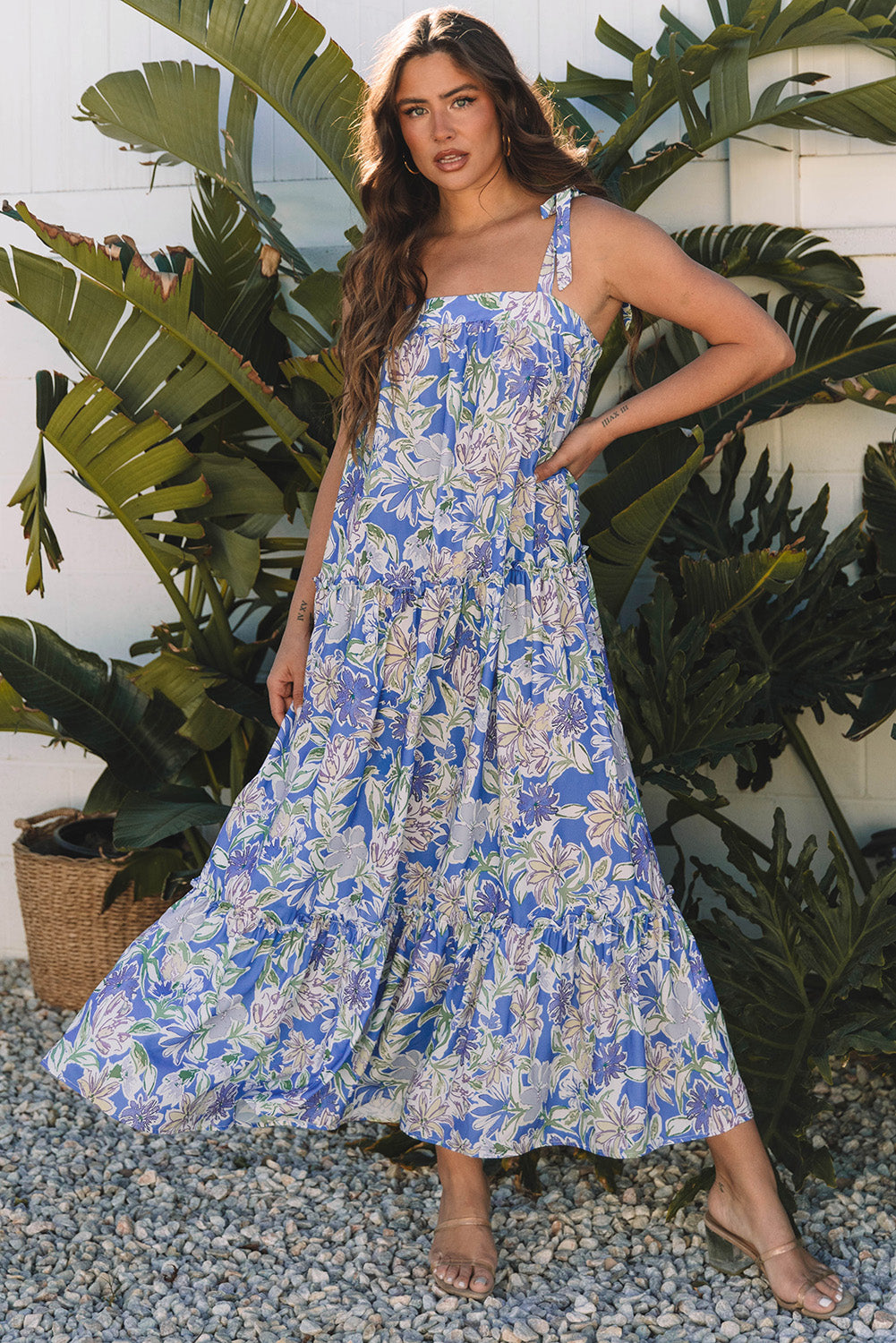 Sky Blue Floral Print Self-tie Straps Flowy Ruffle Long Dress Maxi Dresses JT's Designer Fashion