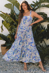 Sky Blue Floral Print Self-tie Straps Flowy Ruffle Long Dress Maxi Dresses JT's Designer Fashion