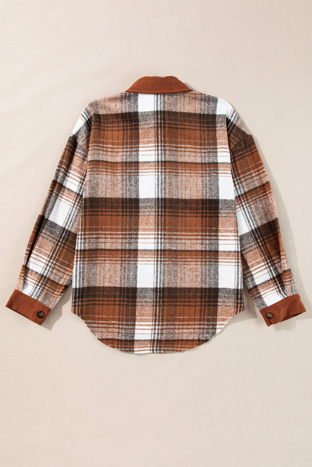 Cinnamon Plaid Corduroy Patchwork Chest Pocket Shacket Plaid Shackets JT's Designer Fashion