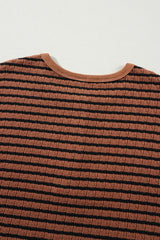 Brown Stripe Textured Frilly Trim Buttons Henley Long Sleeve Top Long Sleeve Tops JT's Designer Fashion