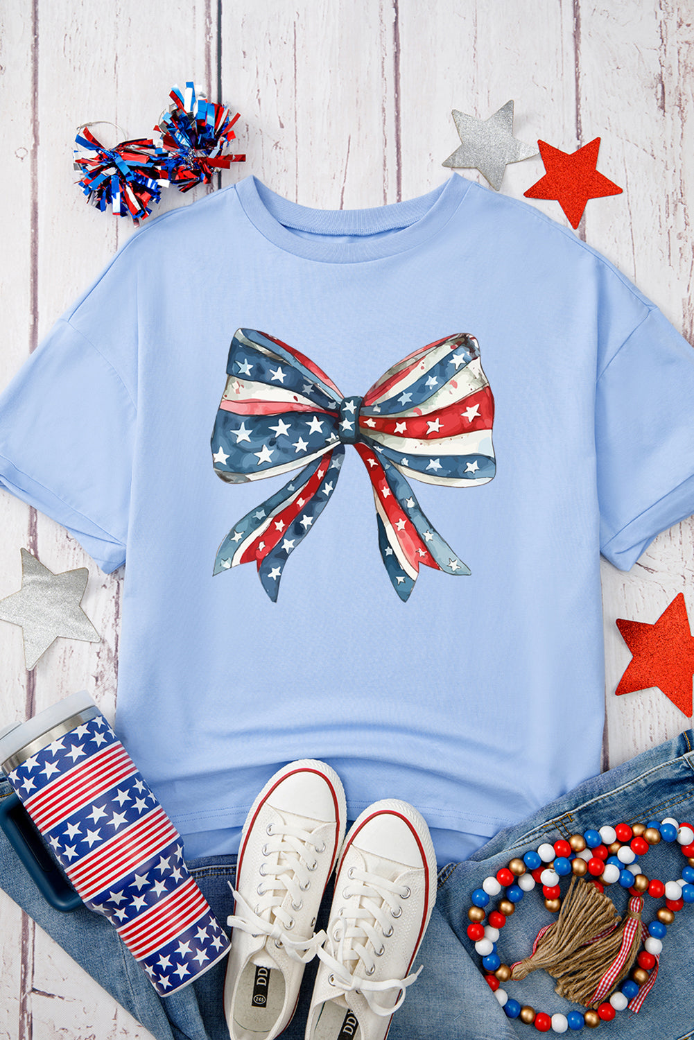 Myosotis July 4th Stars and Striped Bow Print Oversize Tee Graphic Tees JT's Designer Fashion