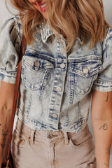 Beau Blue Light Wash Buttoned Chest Pocket Puff Sleeve Denim Jacket Denim Jackets JT's Designer Fashion