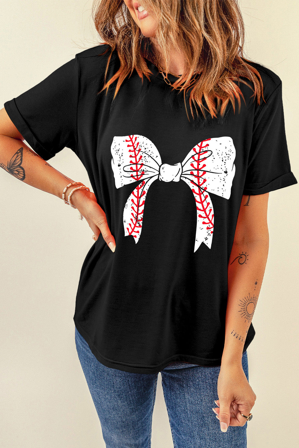 Black Baseball Bowknot Graphic Casual Tee Graphic Tees JT's Designer Fashion