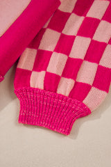 Rose Red Mixed Checkered Pattern Drop Shoulder Loose Sweater Sweaters JT's Designer Fashion
