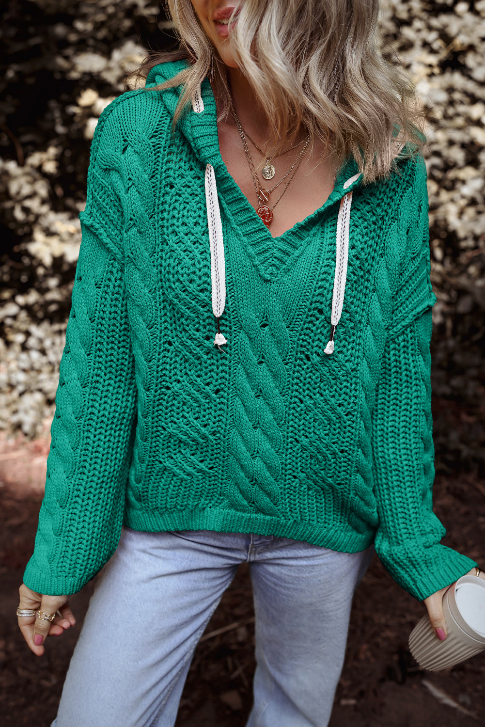 Sea Green Cable Knit V Neck Contrast Drawstring Hooded Sweater Sweaters JT's Designer Fashion