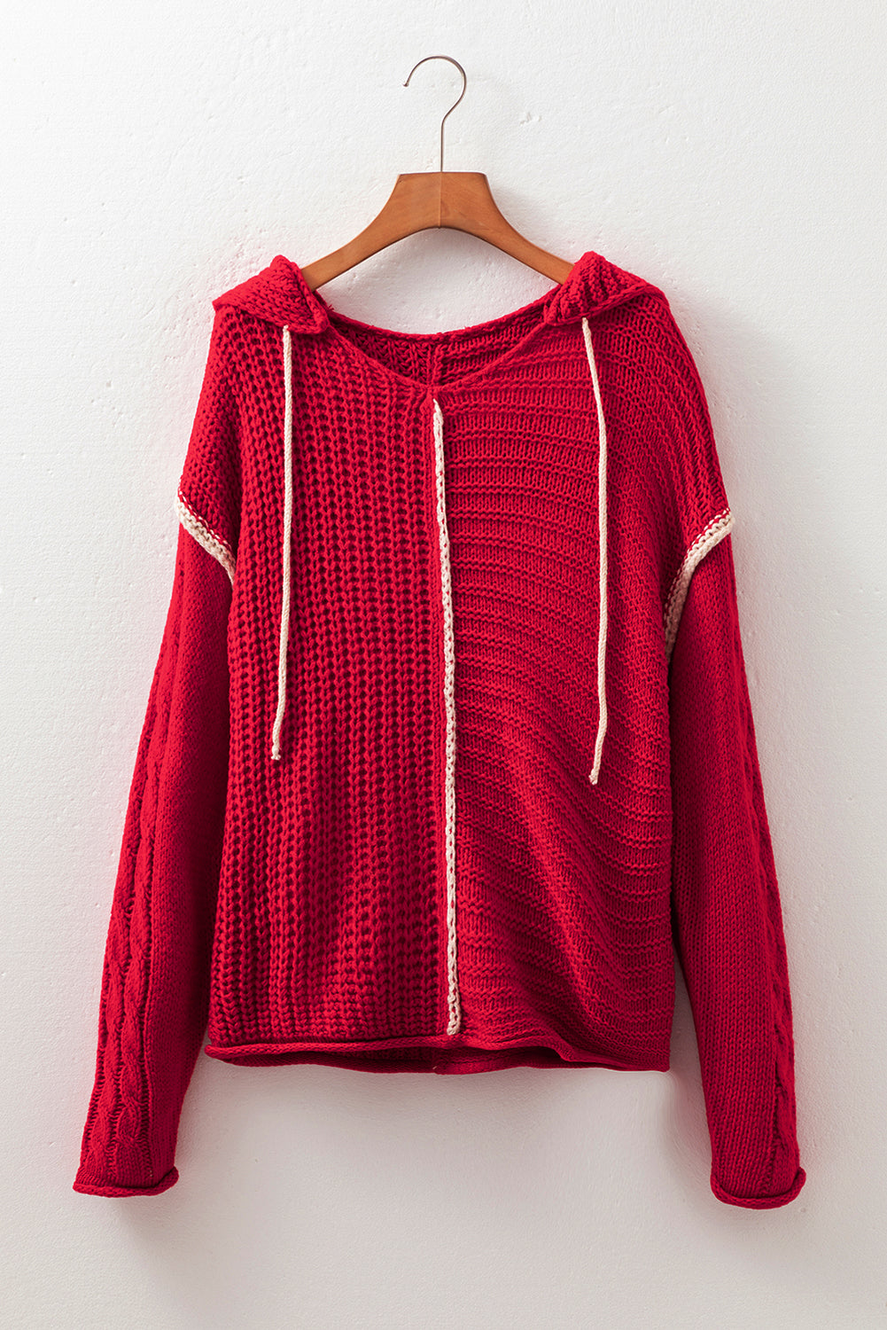Racing Red Color Contrast Trim Textured Knit Drawstring Hooded Sweater Sweaters JT's Designer Fashion