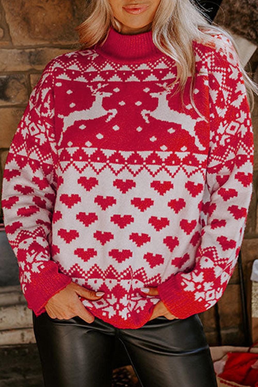 Fiery Red Merry Christmas Reindeer Heart Pattern High Neck Sweater Sweaters JT's Designer Fashion