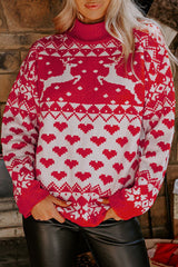 Fiery Red Merry Christmas Reindeer Heart Pattern High Neck Sweater Sweaters JT's Designer Fashion