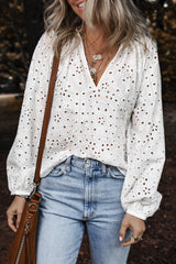 White Eyelet Embroidered Puff Sleeve V Neck Blouse Blouses & Shirts JT's Designer Fashion